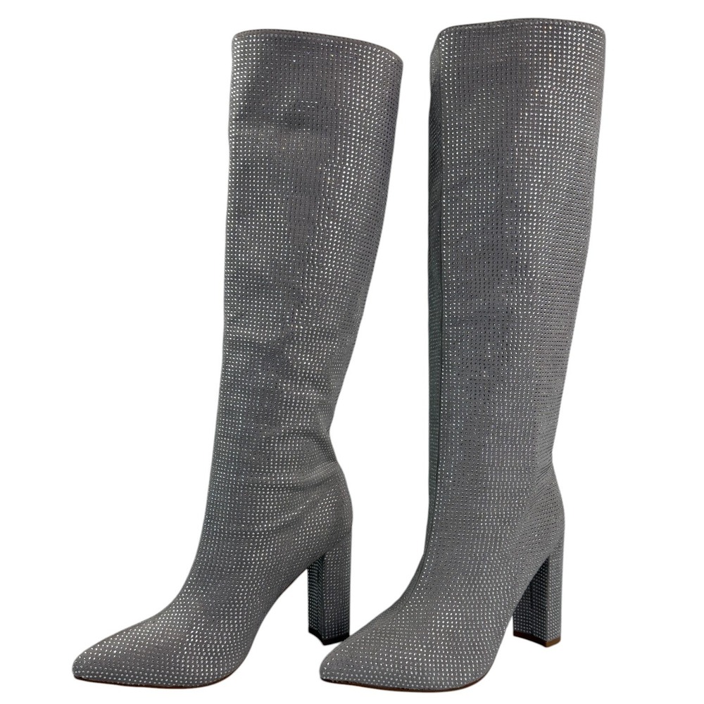 BILLINI Miley Silver Rhinestone Knee High Boots Women's 9 Pointed Toe Block Heel